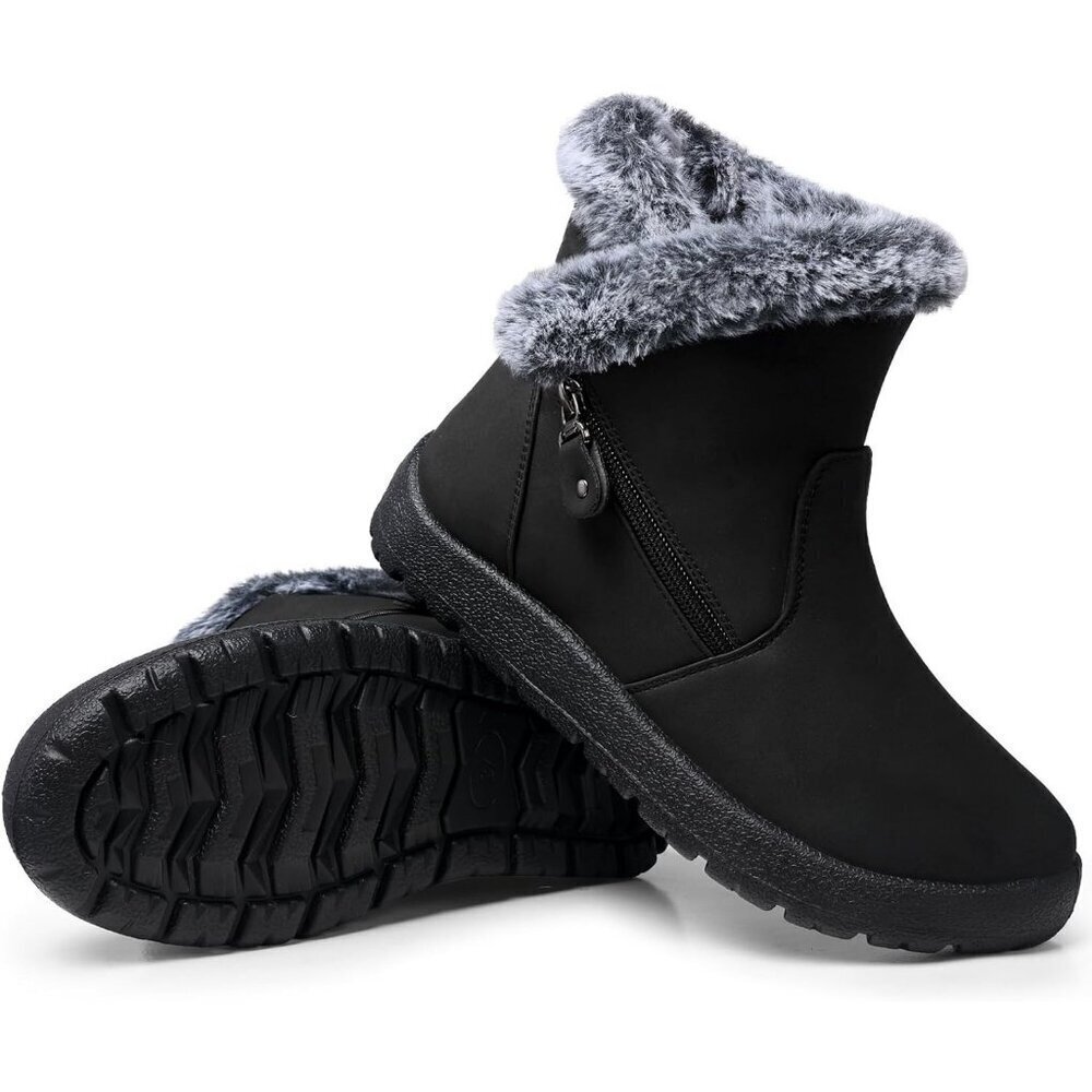 SHIBEVER Women Waterproof Winter Snow Boots Black Ankle Fur Lined Warm Shoes Pro